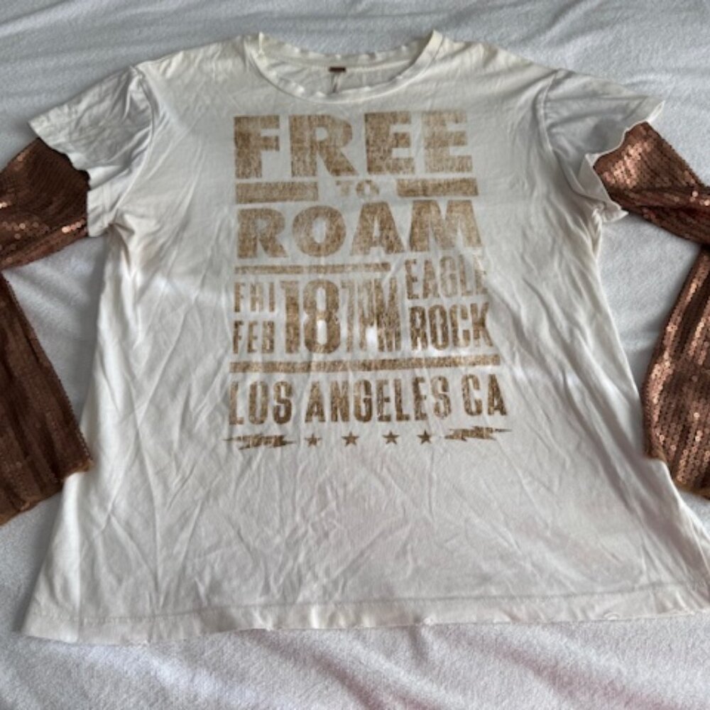 Free People Graphic Tee - Free to Roam Sequin Sleeve Double Layer Tee Size S